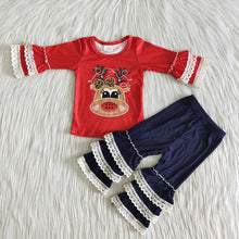 Load image into Gallery viewer, Baby Girls Christmas reindeer print top ruffle lace denim pants sets
