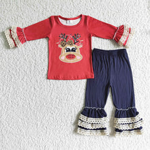 Load image into Gallery viewer, Baby Girls Christmas reindeer print top ruffle lace denim pants sets

