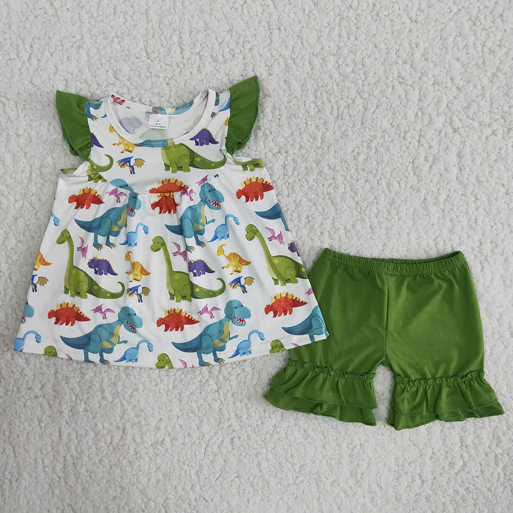 Green dinosaur ruffles shorts set