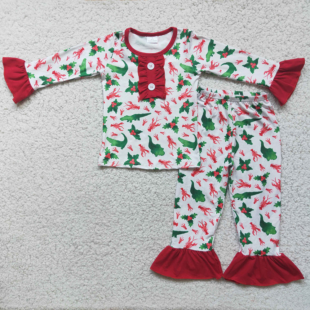 Girls Christmas dinosaur ruffle pajamas