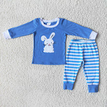 Load image into Gallery viewer, Baby Boys Easter Bunny Blue Stripe Pants Pajamas Clothes Sets
