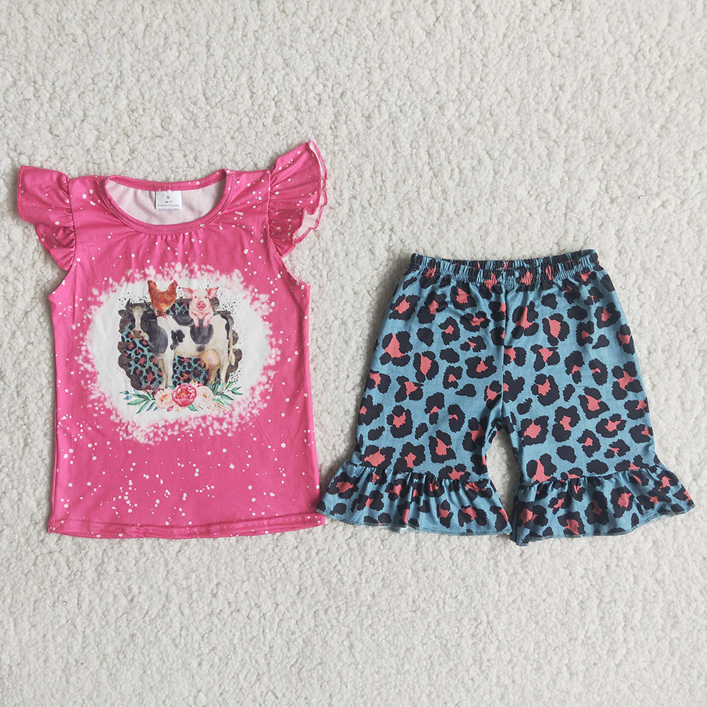 Blue leopard farm puffy sleeves Shorts sets