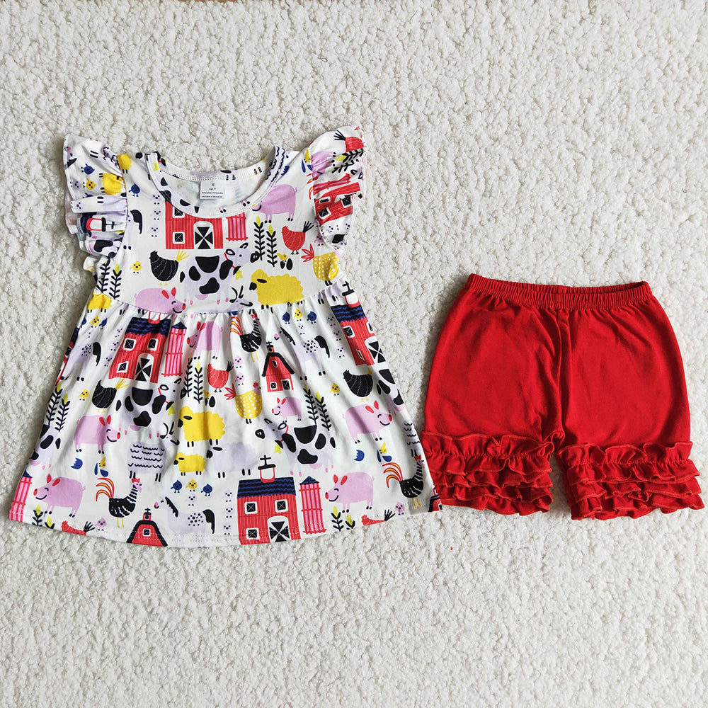 Cartoon animals ruffles shorts set