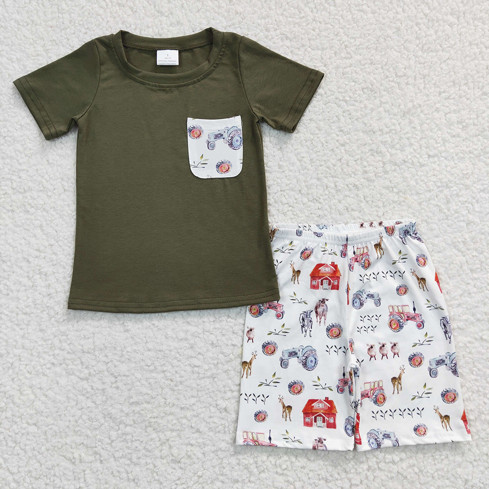 Baby Boys Farm Green Top Pocket Summer Shorts Clothes Sets
