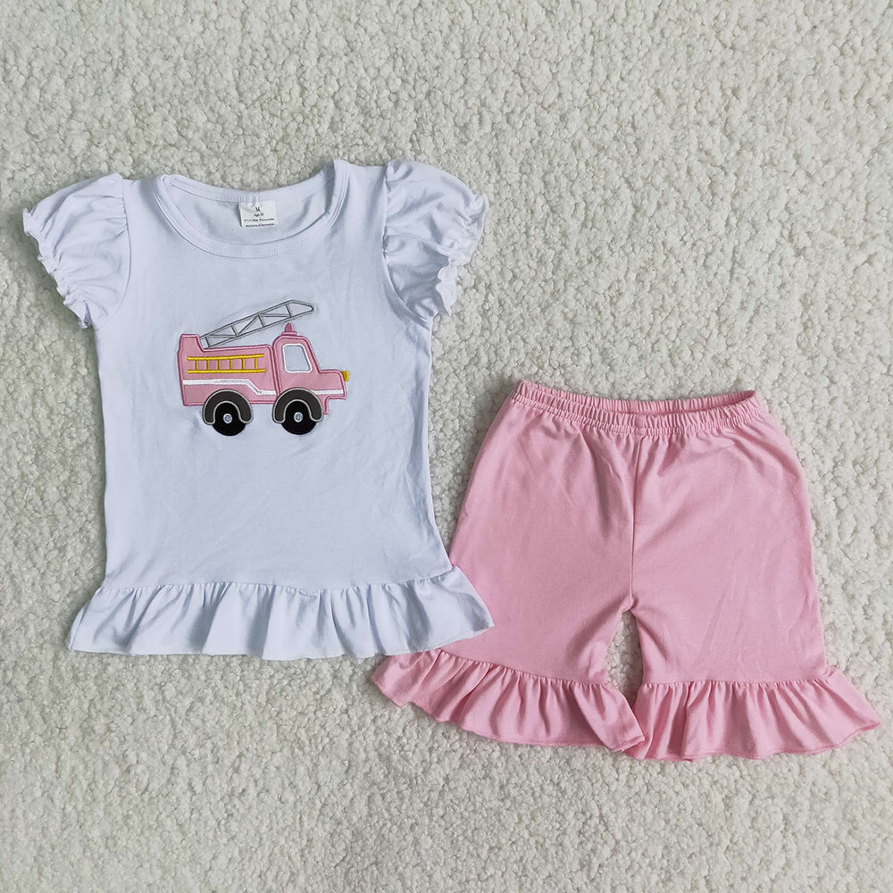 Baby girls pink firetruck embroidered ruffle shorts sets