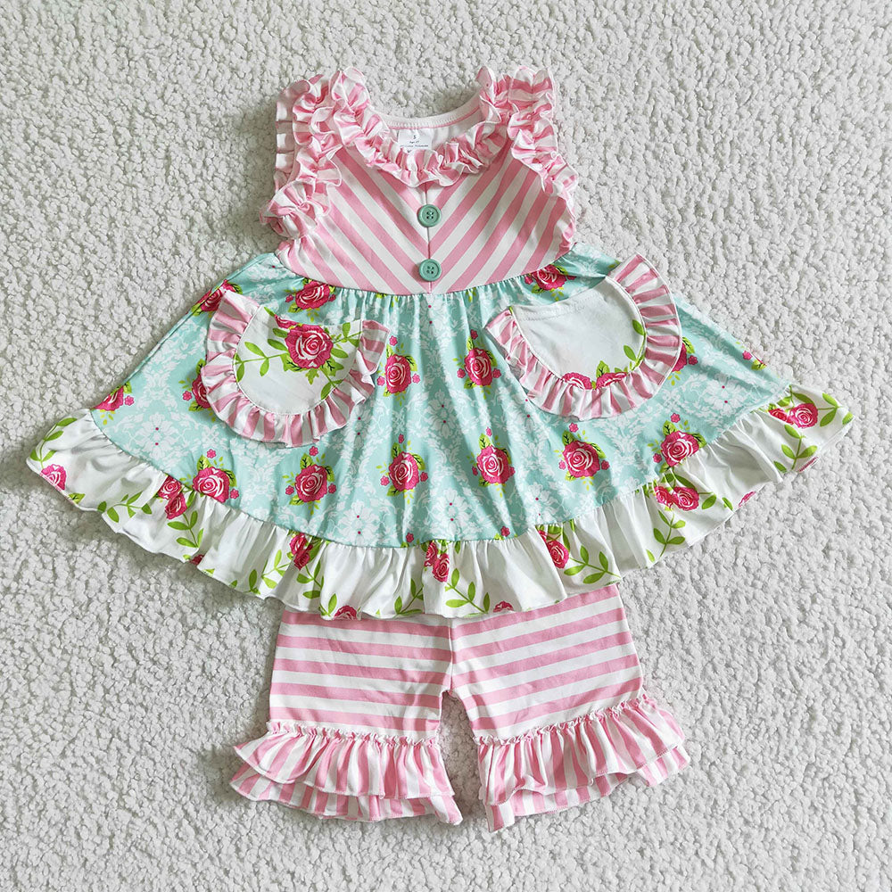 Children pink floral summer pocket shorts clothing sets