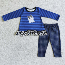 Load image into Gallery viewer, Baby girls Halloween blue stripe ghost clothes sets
