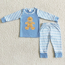 Load image into Gallery viewer, Boys Gingerbread blue stripe pajamas

