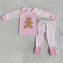 Load image into Gallery viewer, Girls Gingerbread pink stripe pajamas
