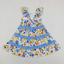 Load image into Gallery viewer, Baby Girls Blue Flowers Ruffle Knee Length Dresses
