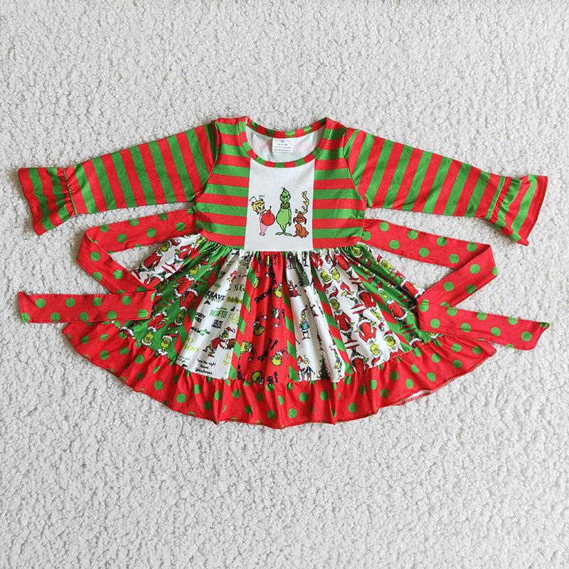 Baby girls Christmas cartoon red green twirl belt knee length dresses