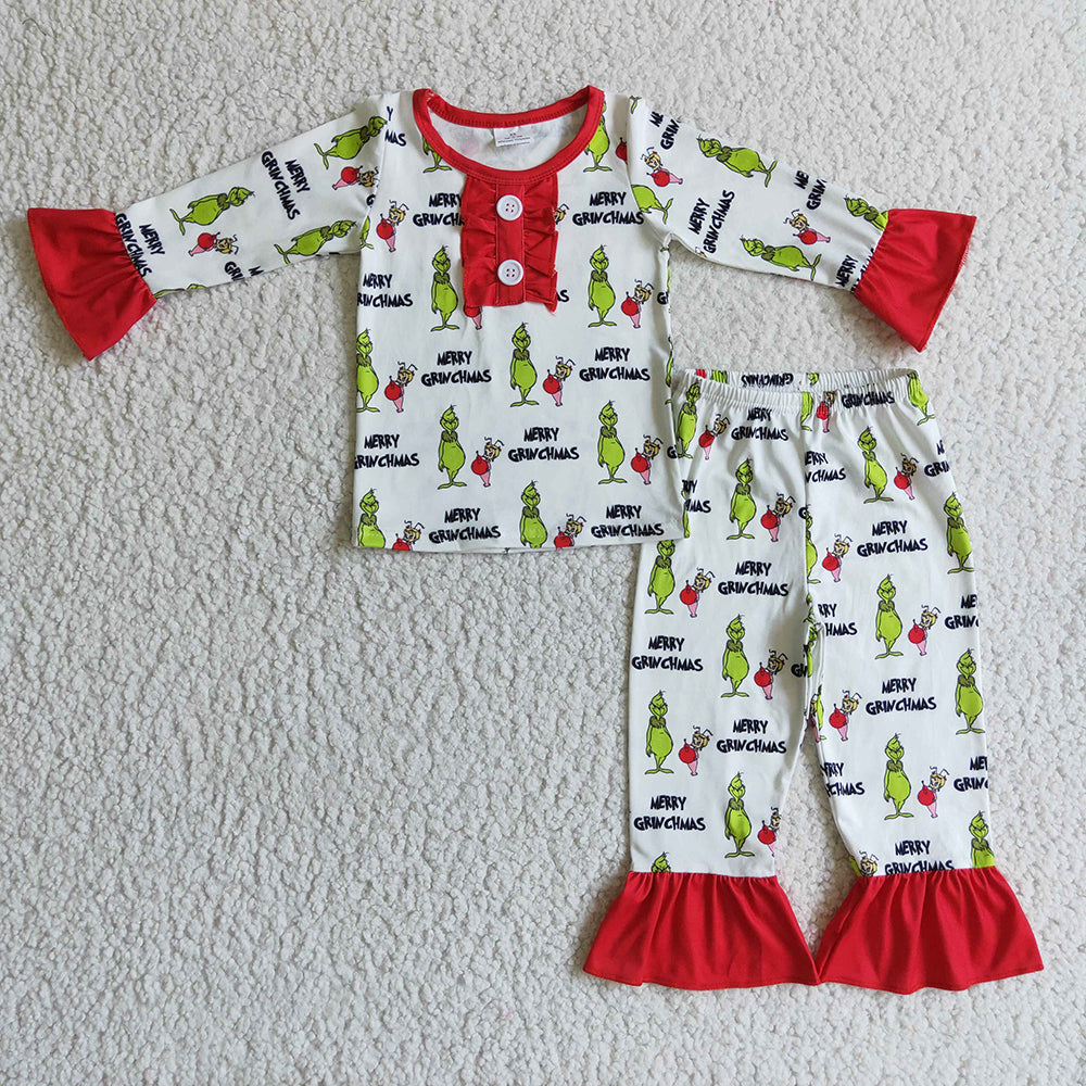 Baby Girls Christmas Cartoon Ruffle pants pajamas sleepwear sets