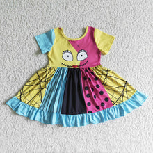 Load image into Gallery viewer, Baby girls Halloween half face flutter sleeve patchwork twirl dresses
