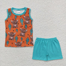 Load image into Gallery viewer, Baby Boys Western Highland Cow Sleeveless Tee Shirts Shorts Sets
