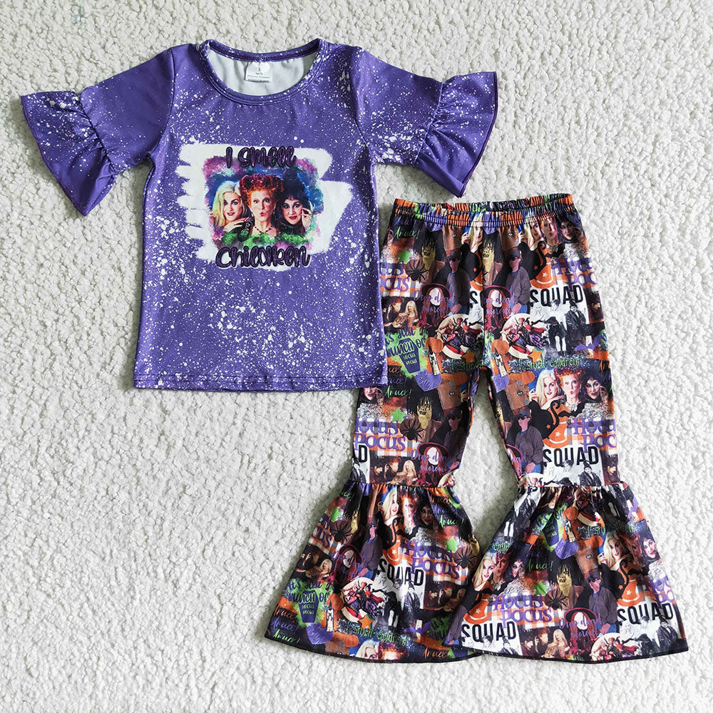 Baby girls witch purple Halloween bell pant sets