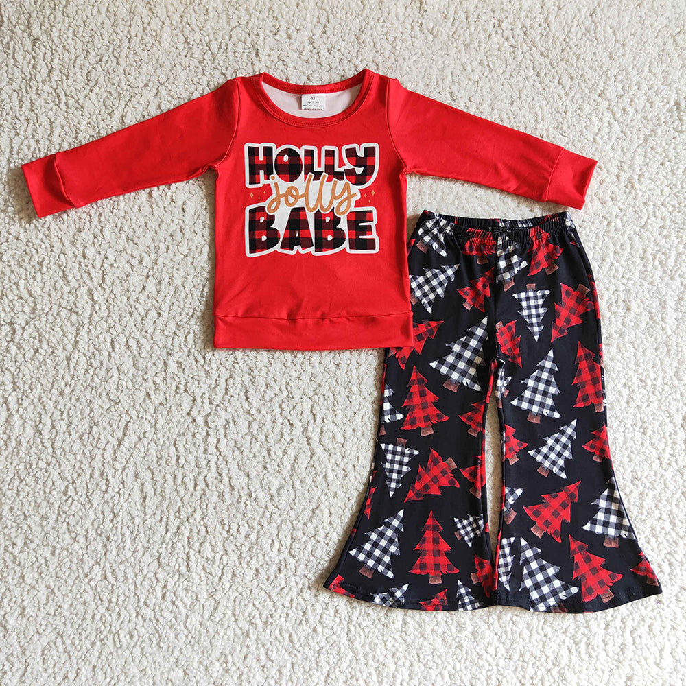 Baby girls Christmas holly tree black red bell pants clothes sets