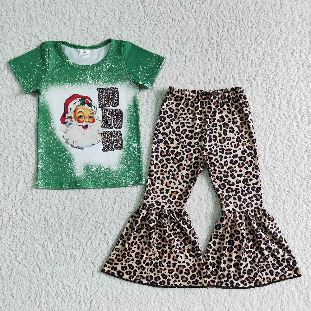 Children Christmas hohoho green leopard bell pants clothing sets
