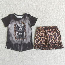 Load image into Gallery viewer, Tassels black T-shirt loepard Shorts sets
