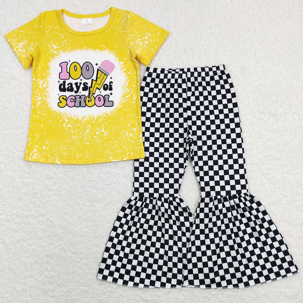 Baby Girls 100 Days School Shirts Tops Black White Checkered Bell Pants Clothes Sets