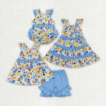 Load image into Gallery viewer, Baby Girls Blue Flowers Tunic Ruffle Sibling Sister Rompers Dresses Clothes Sets
