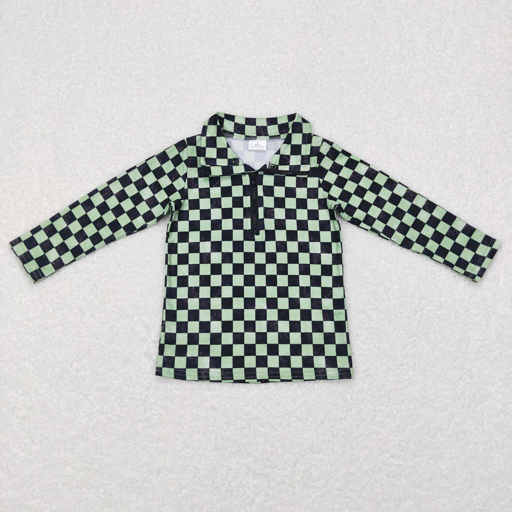 Baby Boys Green Checkered Long Sleeve Zip Pullovers Tops