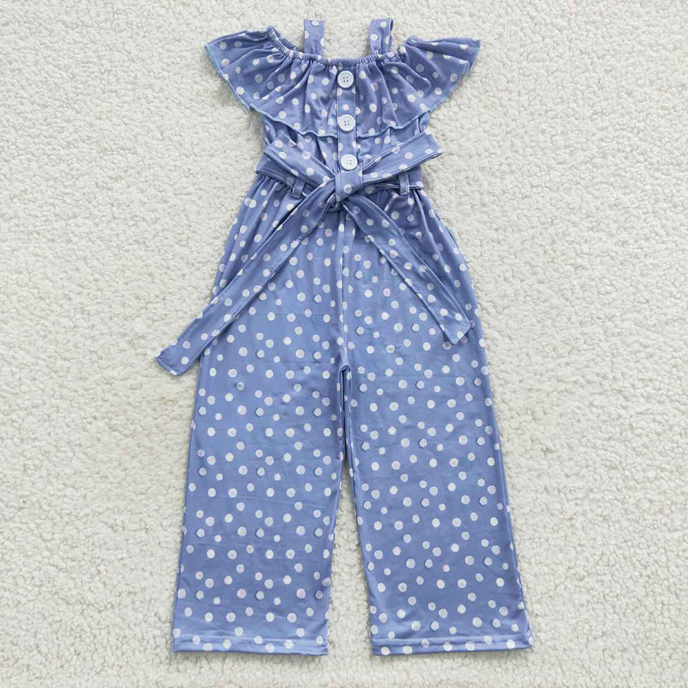 Baby Girls Blue Dots Ruffle Strap Jumpsuits