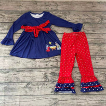 Load image into Gallery viewer, Girls Nativity Navy ruffle pants sets 2
