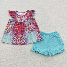 Load image into Gallery viewer, Baby Girls Blue Leopard Tunic Top Shorts Sets
