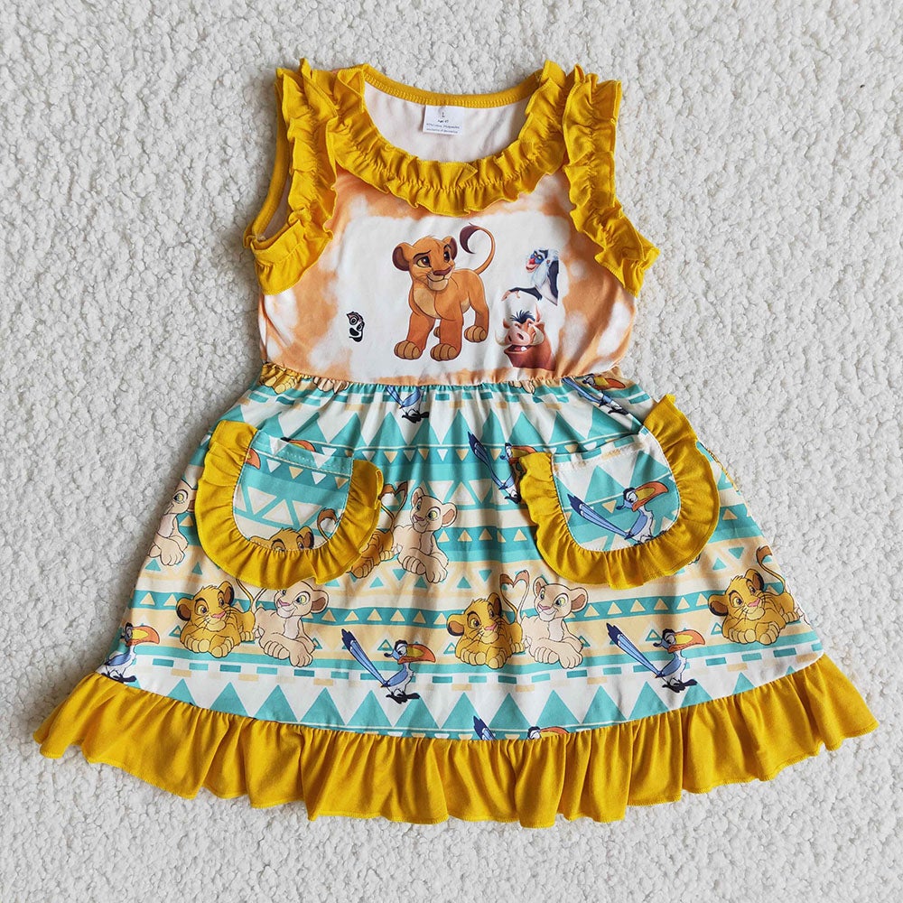 Baby girls cartoon lion pocket knee length dresses