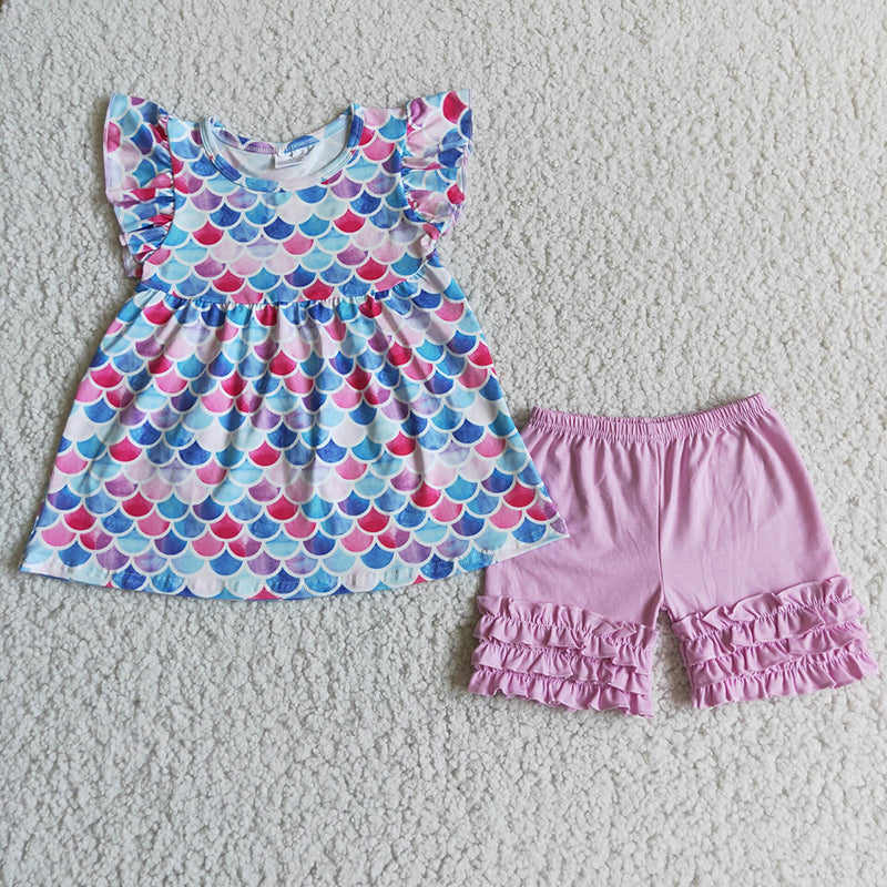 Purple scale exquisite ruffles shorts set
