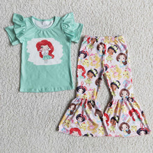 Load image into Gallery viewer, Mermaid princess girls flutter sleeve top bell pants sets
