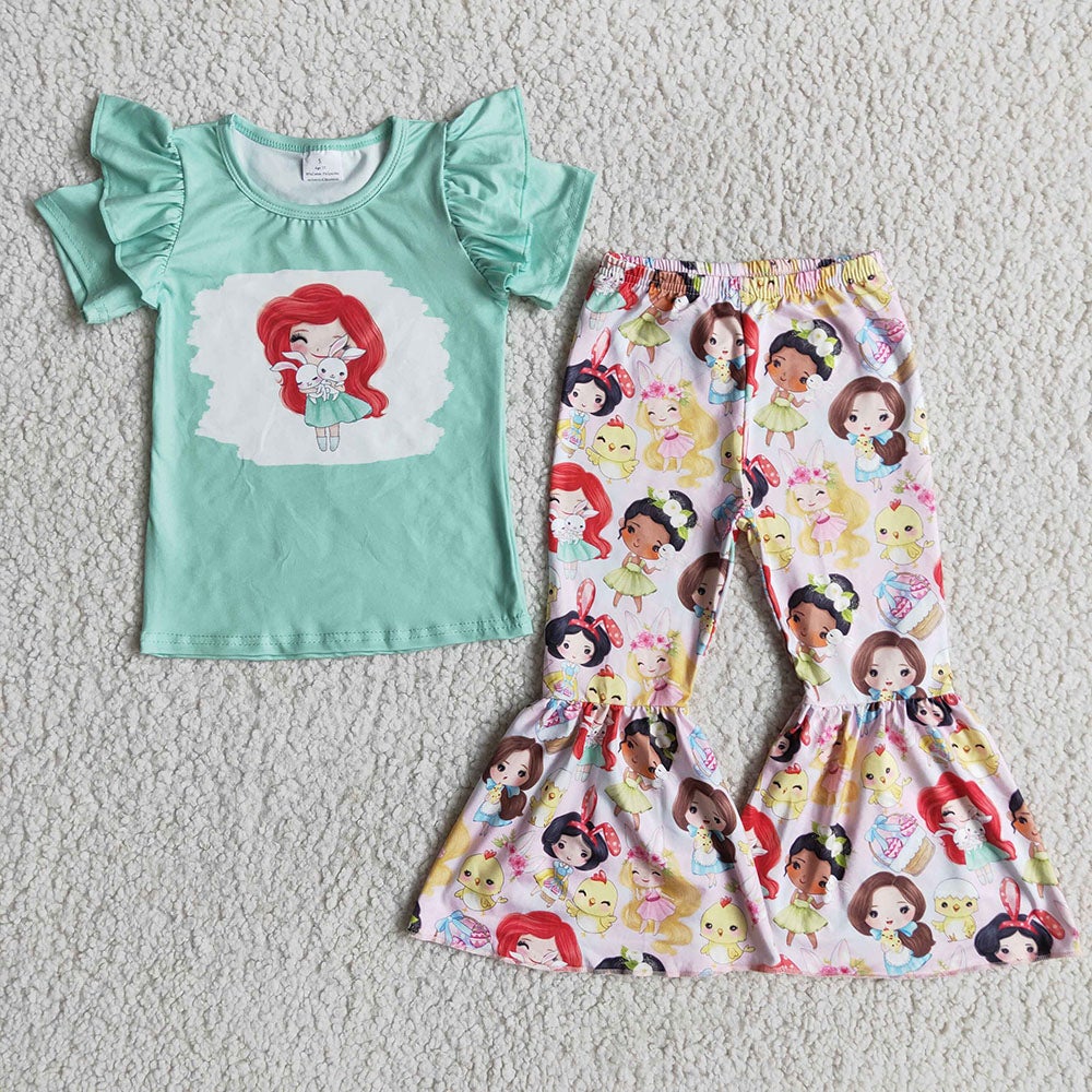 Mermaid princess girls flutter sleeve top bell pants sets