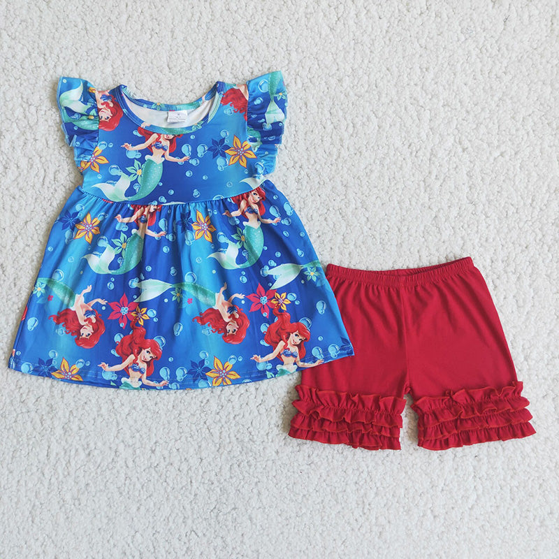 Blue exquisite ruffles shorts set