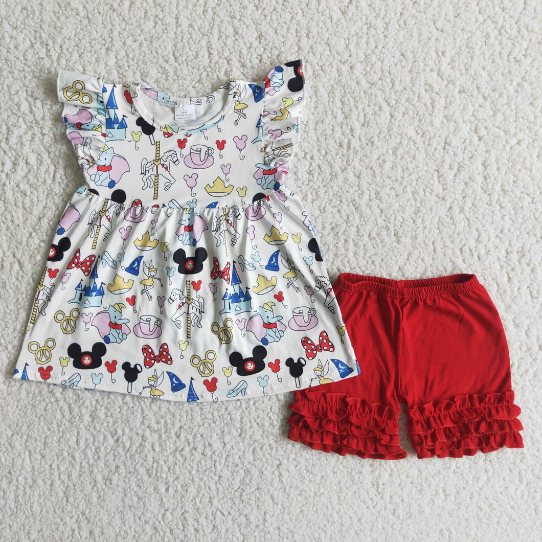 Red animals ruffles shorts set