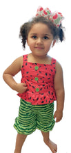 Load image into Gallery viewer, Baby girls summer watermelon seed strap ruffle shorts sets
