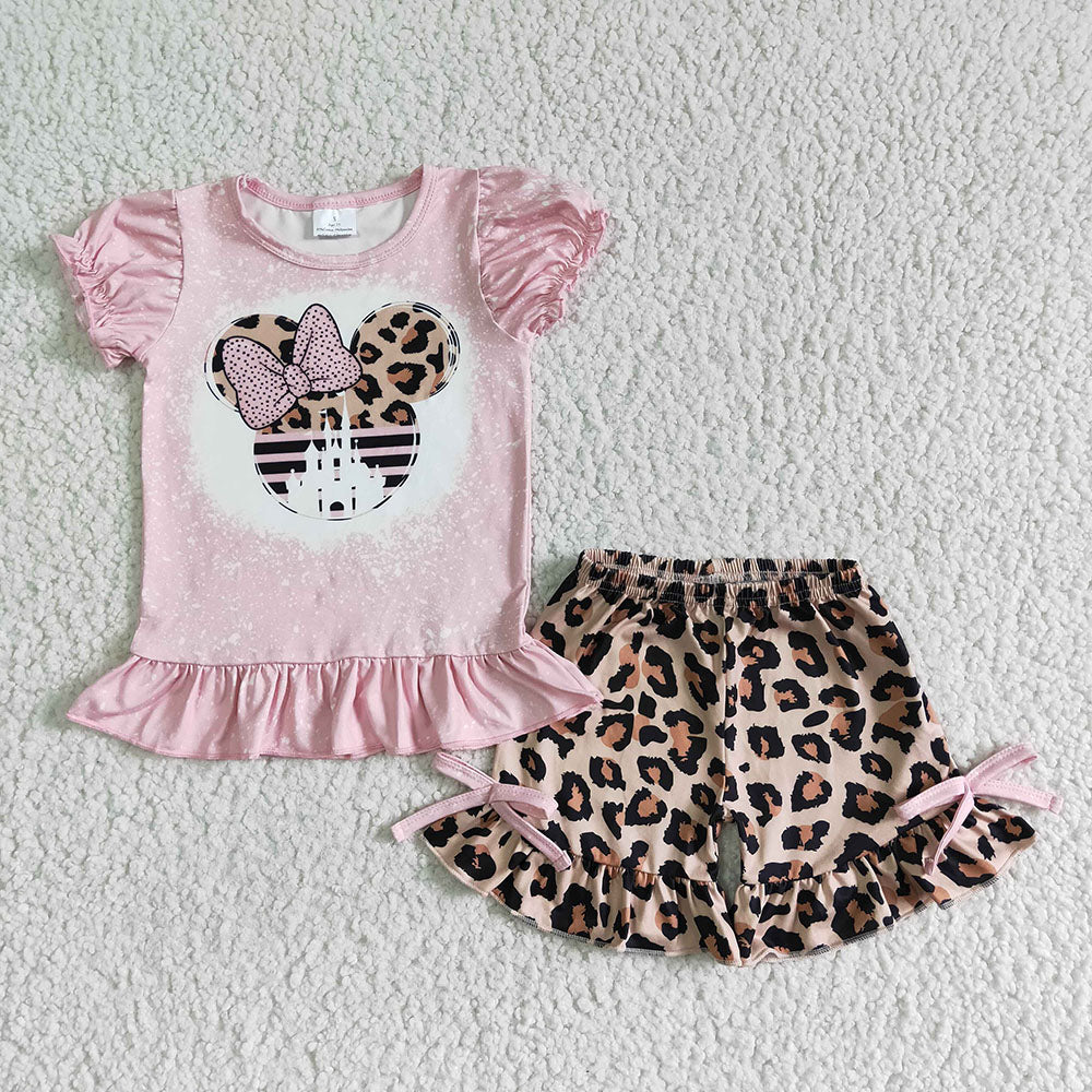 Baby girls pink cartoon leopard shorts sets