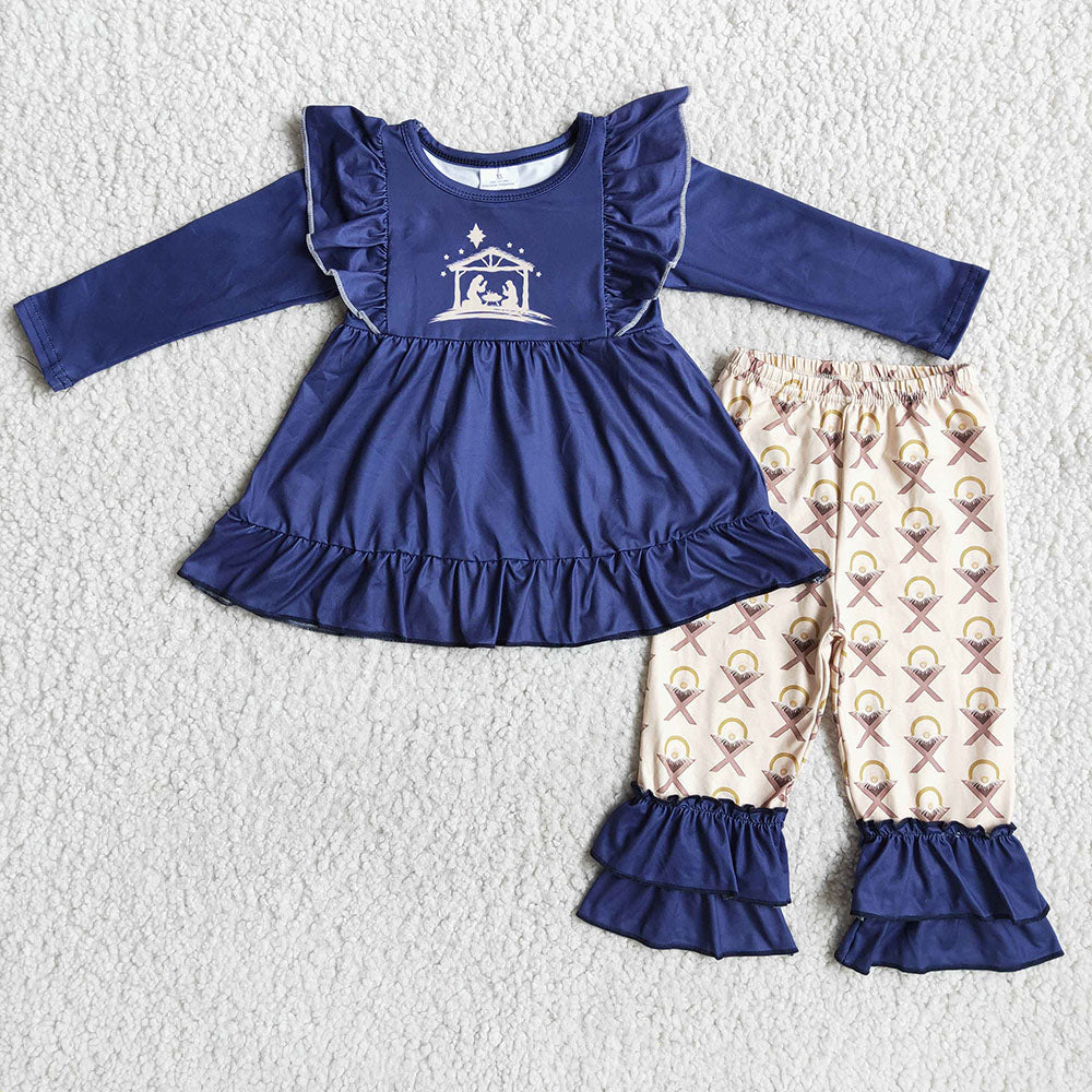 Girls Nativity Golden ruffle pants sets