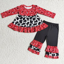 Load image into Gallery viewer, Baby Girls paisley cow print ruffle pants clothes sets
