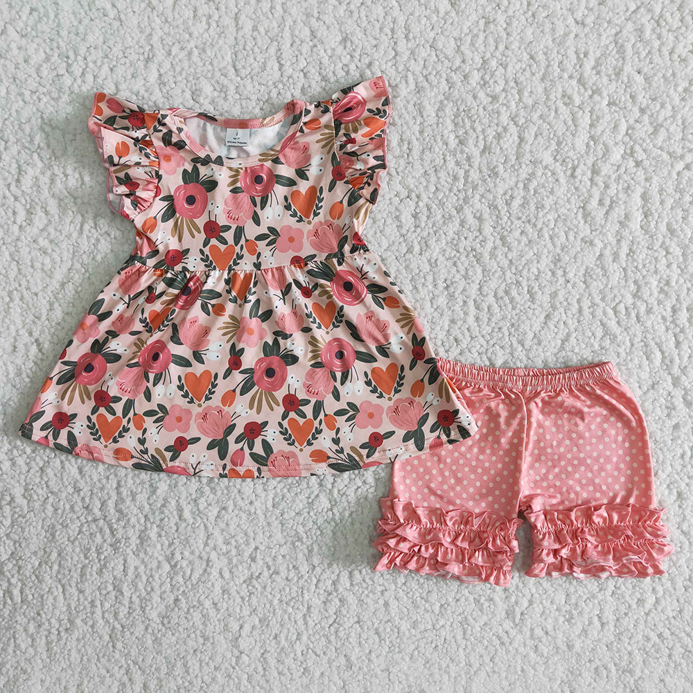 Pink flower dots shorts set