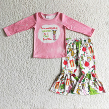 Load image into Gallery viewer, baby girls Christmas pink cartoon bell pants sets
