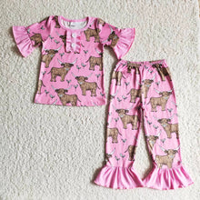 Load image into Gallery viewer, B7-25 Baby Girls western short sleeve pink heifer pants pajamas sets
