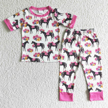 Load image into Gallery viewer, Baby girls horse floral pink western pajamas sleepwear clothes sets
