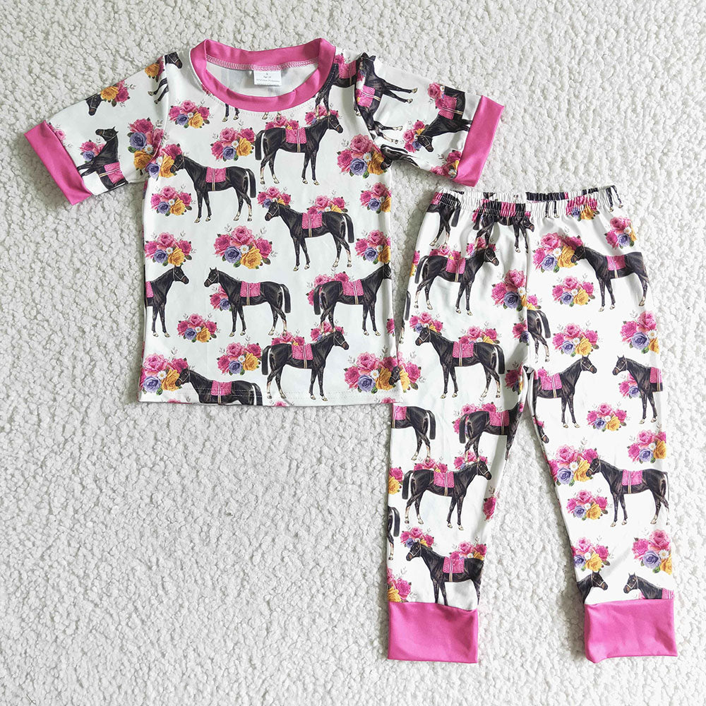 Baby girls horse floral pink western pajamas sleepwear clothes sets
