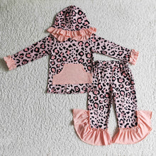 Load image into Gallery viewer, baby girls pink leopard hood top ruffle pants sets
