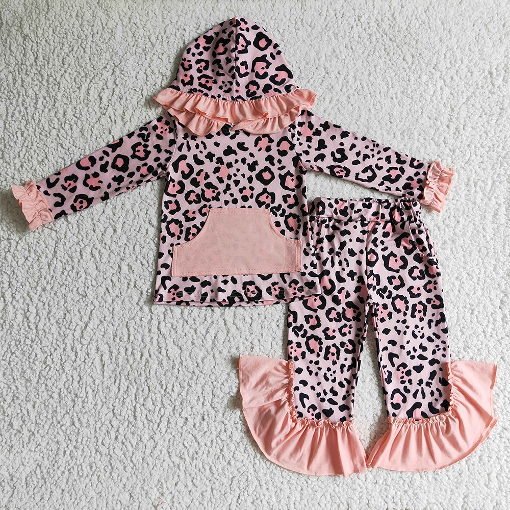 baby girls pink leopard hood top ruffle pants sets