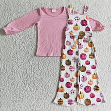 Load image into Gallery viewer, Baby girls pink top pumpkin overall fall clothes sets
