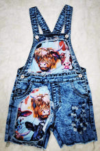 Load image into Gallery viewer, baby girls cow western denim summer shorts overalls
