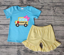 Load image into Gallery viewer, Baby girls back to school blue bow shorts sets
