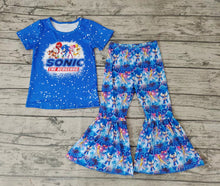 Load image into Gallery viewer, baby girls blue cartoon bell pants sets
