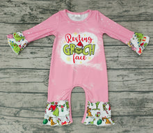 Load image into Gallery viewer, Baby girls pink Christmas cartoon ruffle rompers
